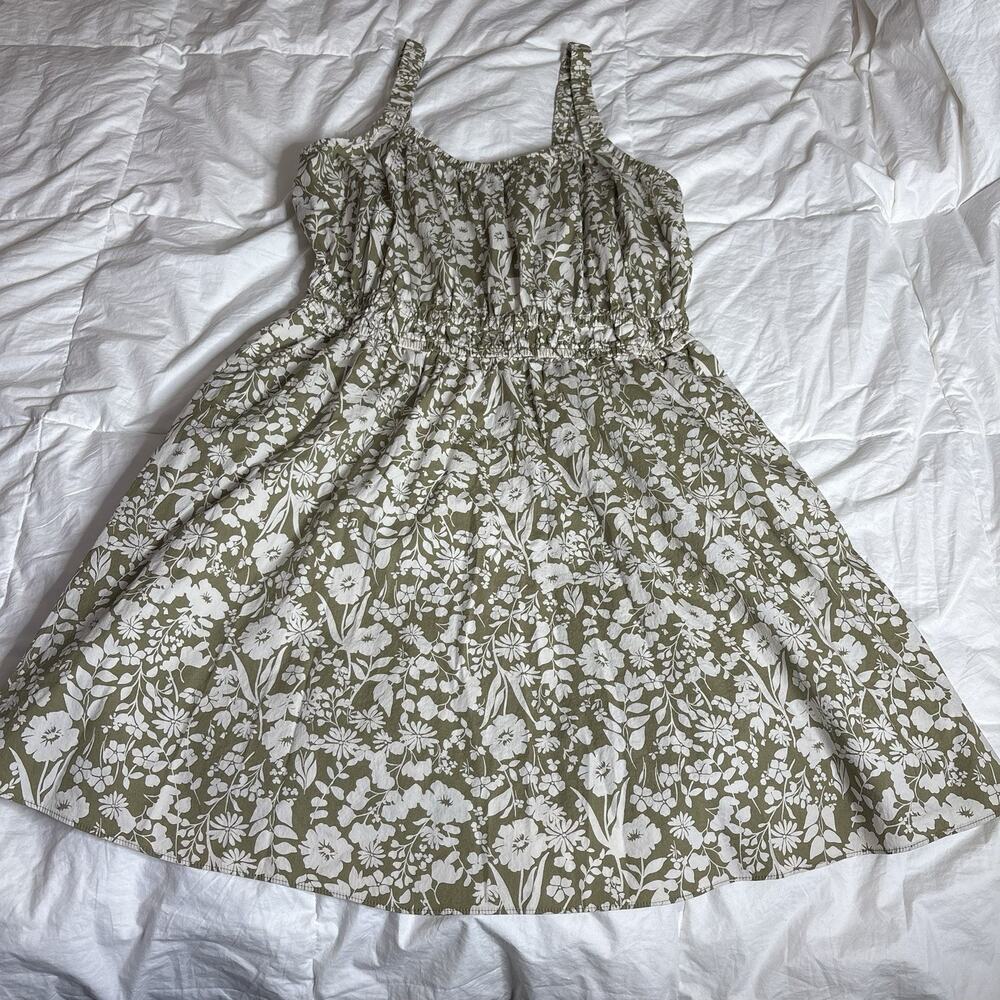 Lane Bryant Floral Dress Ruched Strap Elastic Waist Green White Cottagecore Plus